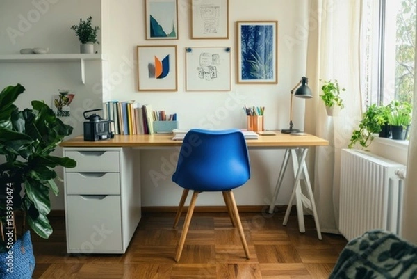 Fototapeta A modern home office features desk chair and decorations with plants