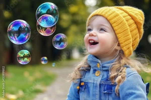 Fototapeta Happy toddler girl wearing yellow beanie and denim jacket watching soap bubbles floating in the air in a park