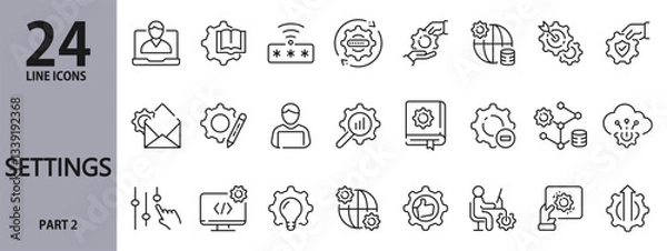 Fototapeta Settings line icons set with Configuration, Preferences, System, User, Control, Options, Network, Security, Admin, System and more. Editable Stroke