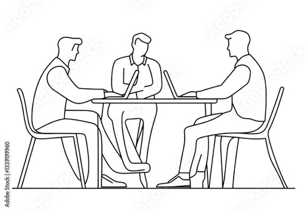 Fototapeta The Business Group Trendy Line Art Drawing features business people in an office setting, created with minimalistic black lines on a white background in a continuous one-line abstract style,