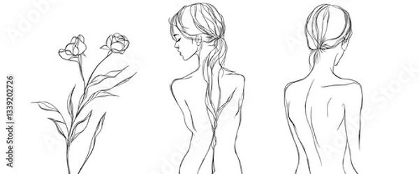 Fototapeta A set of prints featuring a one-line drawing of a woman surrounded by flowers, showcasing a creative and contemporary abstract style, highlighting the beauty and fashion of the female body through a
