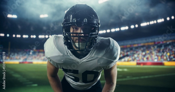Obraz Focused Caucasian Male American Football Player in a Helmet and Protective Uniform. Close Up Portrait of a Footballer on a Stadium Field, Standing in a Position for a Championship Game to Begin