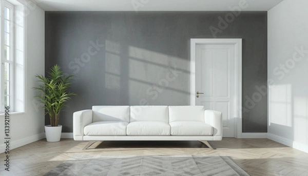 Fototapeta Minimalist Living Room with White Sofa, Gray Wall, and Modern Decor. Generative Ai