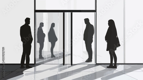 Obraz The image is a grayscale photograph depicting four silhouetted figures standing in a line before a modern glass entrance to a building.  The figures are uniformly dark, lacking individual detail.