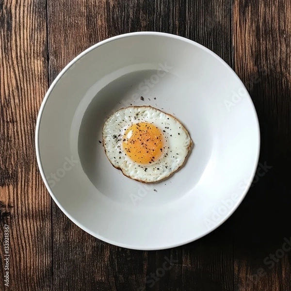 Fototapeta Freshly cooked sunny side up egg served on a minimalist white plate positioned on a rustic wooden table background with natural lighting