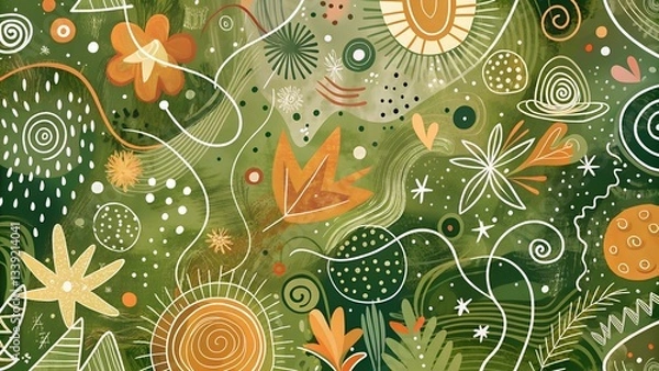 Fototapeta Vibrant abstract design with organic doodle shapes and patterns in green and orange tones