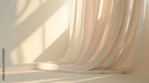 Fototapeta Soft Beige Curtains with Warm Light and Shadows in Minimal Room