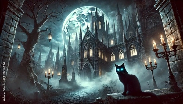 Obraz ダークファンタジーな城と黒猫