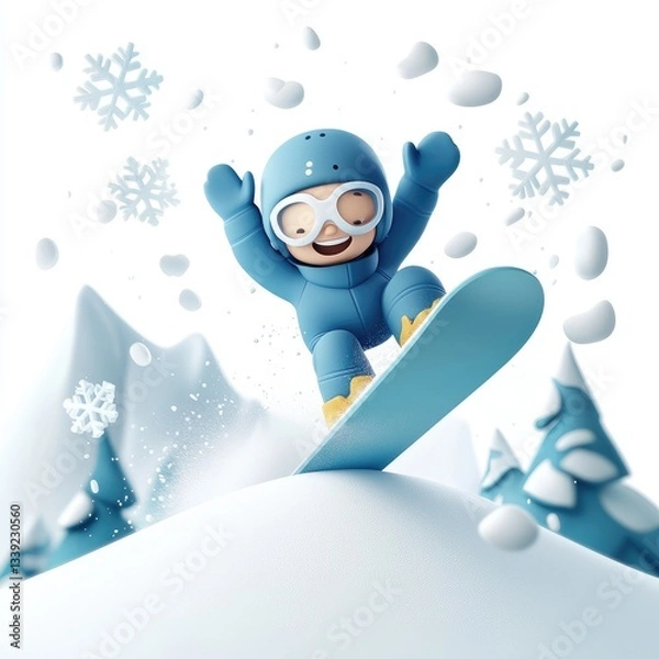 Fototapeta Happy Cartoon Character Snowboarding in Winter Wonderland Scene