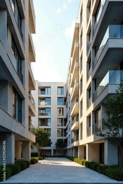 Fototapeta Geometric concrete apartment complex, sharp angles, city, structure