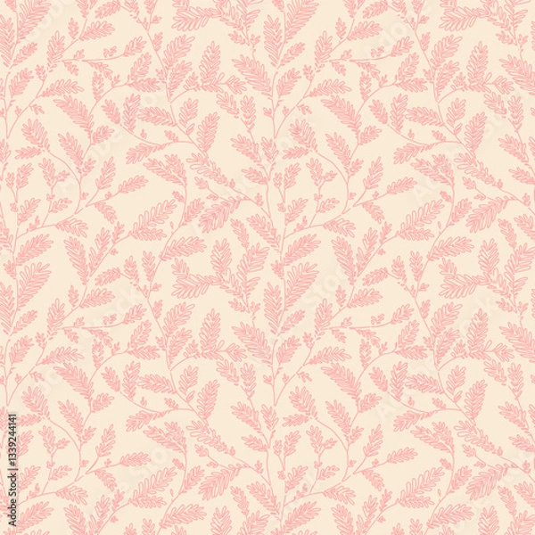 Fototapeta Seamless vector line leaf and twig pattern on green background. Hand drawn floral botanical wallpaper. Vector illustration.