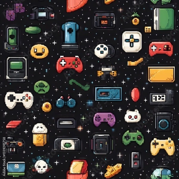 Fototapeta Retro Video Game Pixel Art Seamless Pattern Space Background