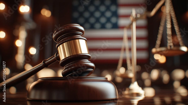 Fototapeta A courtroom scene with a judge’s gavel in focus, scales of justice and American flag in background.