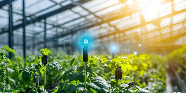 Obraz Smart greenhouse with digital sensors optimizing plant growth, modern agricultural technology for sustainable and efficient farming, Modern Greenhouse with Genetically Modified Plants

