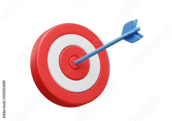 Fototapeta A 3D illustration of a red and white bullseye target with a blue arrow hitting the center isolated on transparent background