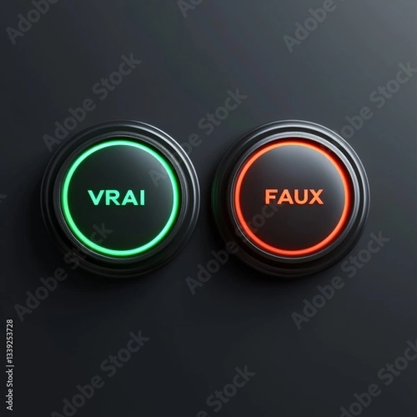 Obraz True False buttons, illustration of two circular buttons with the French words 'Vrai' and 'Faux' against a dark background