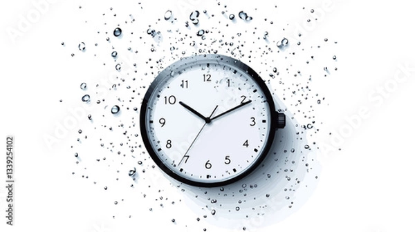 Fototapeta A high-angle, close-up shot of a simple, round analog clock with black hands and numerals on a white face, set against a white background.  The clock is surrounded by numerous small, scattered