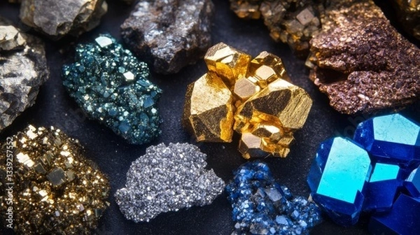 Obraz Close-up of various metal, rock, and mineral cut samples on a dark background, rare earth elements deal, highlighting their economic and technological significance.