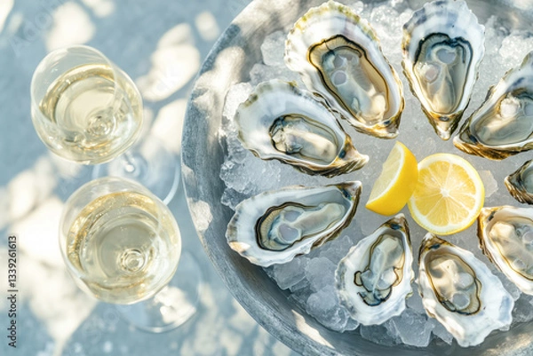 Fototapeta Fresh oysters served on ice with lemon and white wine
