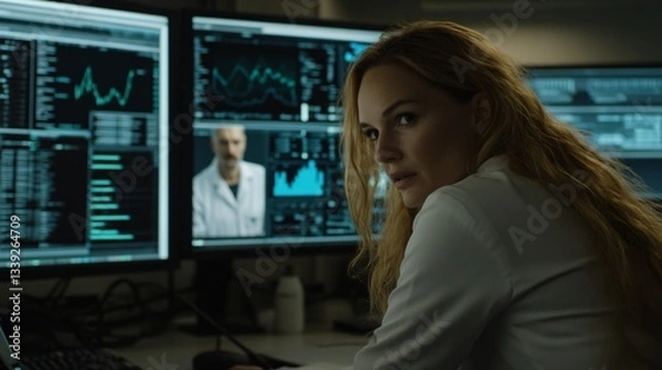 Fototapeta Focused analyst in tech space, young woman with long hair working on dual screens, immersed in data and code, modern environment.