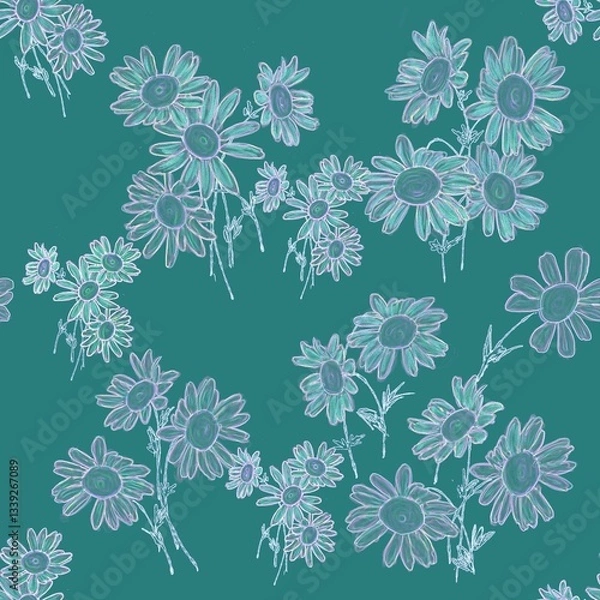 Fototapeta Digital seamless pattern with light daisy motif on a green background