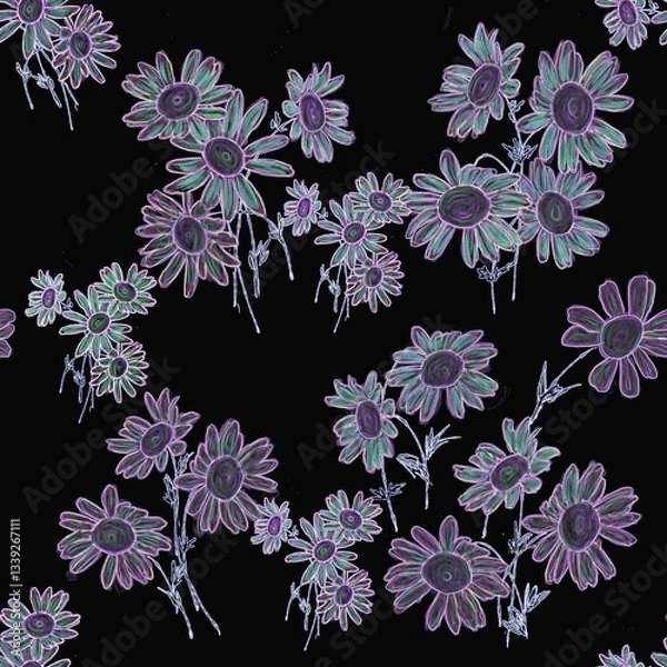 Fototapeta Digital seamless pattern with light daisy motif on a black background