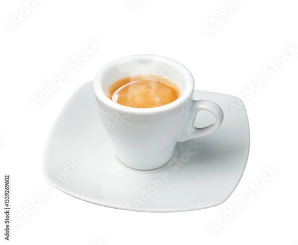 Obraz Steaming italian espresso coffee cup on white saucer with transparent background