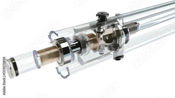 Fototapeta A detailed technical cutaway diagram of a linear actuator mechanism is presented. The image showcases various internal components such as a cylinder, piston, and other mechanical parts.  The