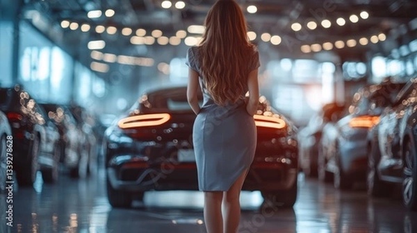 Fototapeta Elegant car dealership with a salesman and customer standing next to a luxury sedan, discussing features, Couple looking at a contract while discussing car leasing with a confident salesperson. Attrac