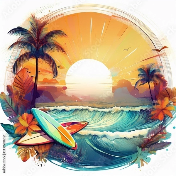 Fototapeta beautiful grunge border frame of summer concept with surfboards, sun and waves with copy space background