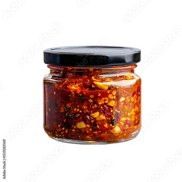 Fototapeta A glass jar filled with a rich, spicy condiment featuring a mix of red chilies, garlic, and other ingredients.