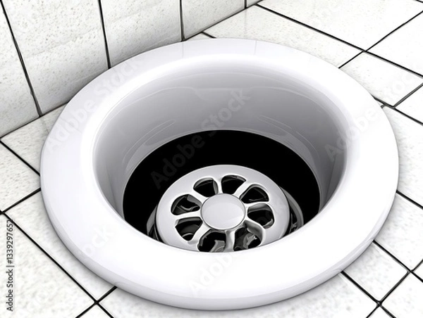 Obraz White sink drain with chrome strainer on tile