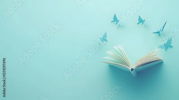Fototapeta Open Book with Butterflies in Flight on a Soft Blue Background Symbolizing Imagination and Freedom