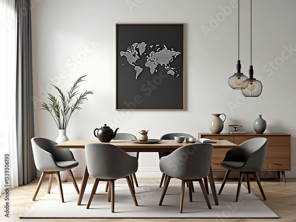 Obraz Modern Dining Room with Wooden Table and Chairs