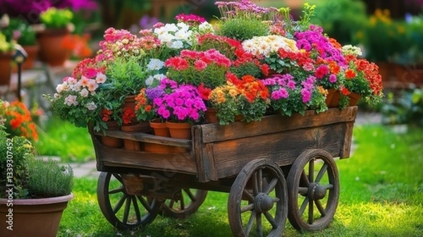 Fototapeta Flower cart filled with vibrant blooms showcases nature's beauty in a lush garden setting during sunny weather