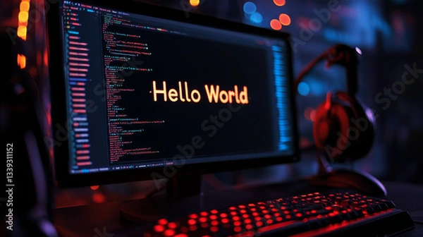 Obraz A dark-themed 4K programming wallpaper featuring "Hello World" text, perfect for coding enthusiasts