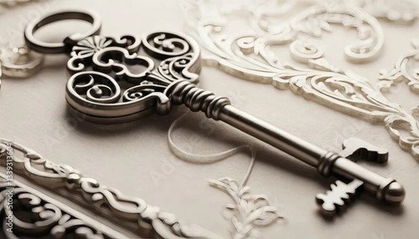 Fototapeta Antique Silver Key on Textured Surface with Decorative Ornament Elements
