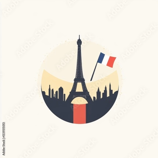 Fototapeta Flat vector illustration of the Eiffel Tower with the French flag and a minimalist skyline.