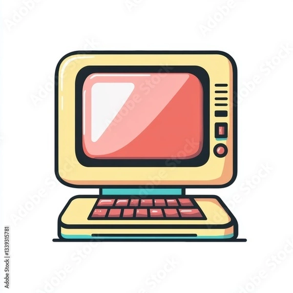 Fototapeta A colorful retro computer with a vibrant CRT screen and mechanical keyboard.