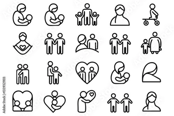 Fototapeta A collection of simple, black line art icons depicting various family structures and relationships