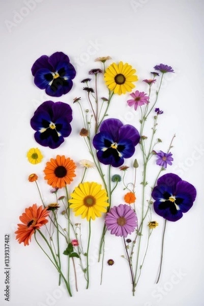 Fototapeta Colorful assortment of fresh flowers arranged artistically on a light background in spring