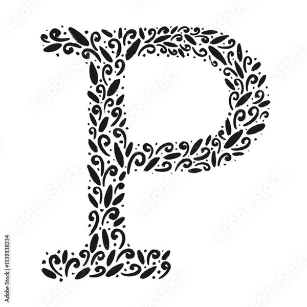 Fototapeta Floral botanical alphabet. Vintage hand drawn monogram letter P. Letter with plants and flowers. Vector lettering isolated on white