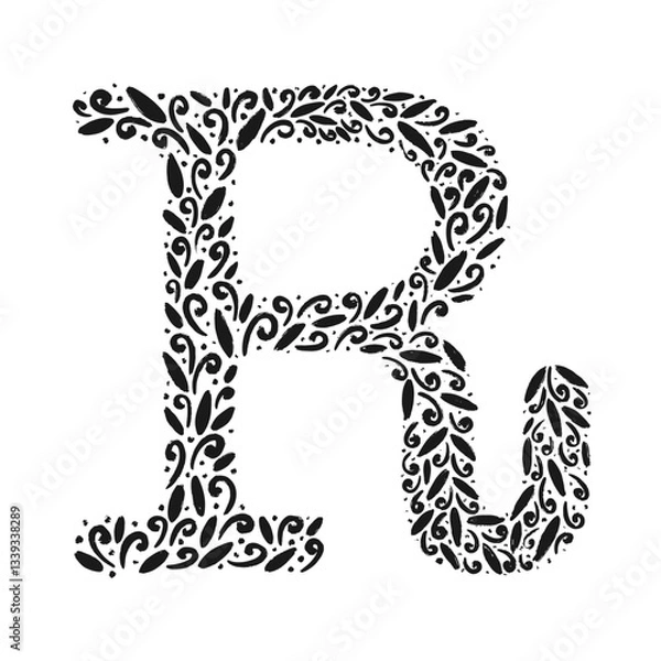 Fototapeta Floral botanical alphabet. Vintage hand drawn monogram letter R. Letter with plants and flowers. Vector lettering isolated on white