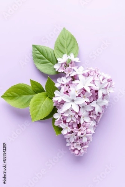 Obraz Lush lilac blooms accompanied by vibrant green leaves on a soft lavender backdrop