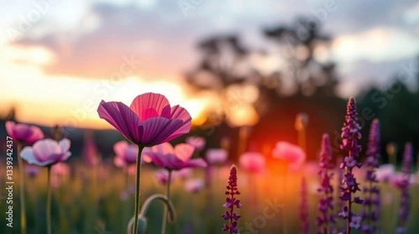 Obraz Colorful wildflowers bloom under warm sunlight in a serene meadow during late spring