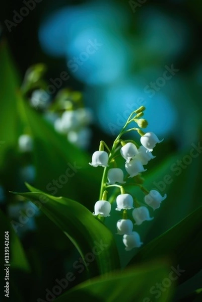 Fototapeta Delicate white lilies of the valley bloom against a soft blue background in a tranquil setting