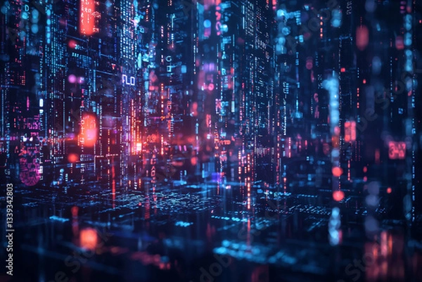 Fototapeta Navigating the neon labyrinth of data streams in a digital cityscape
