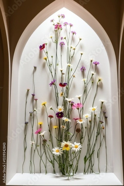 Obraz Vibrant floral display in a modern alcove showcasing a variety of colorful flowers and greenery