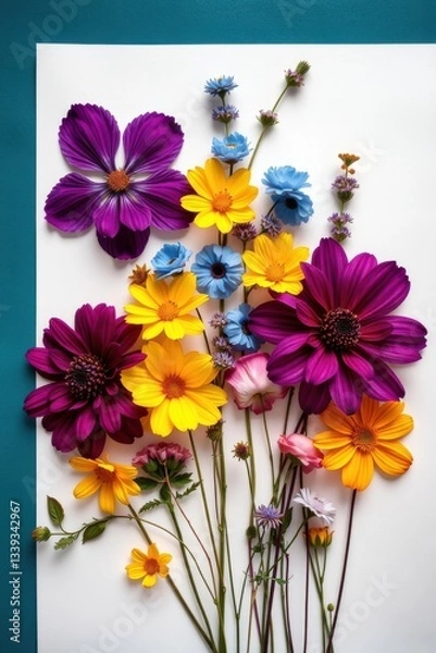 Obraz Collection of vibrant flowers arranged artistically on a teal background in natural light
