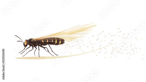 Fototapeta Close-up illustration of a dark-brown insect with translucent, pale yellow wings in motion.  The insect is depicted with detailed legs and antennae. A visible dust trail follows behind it,